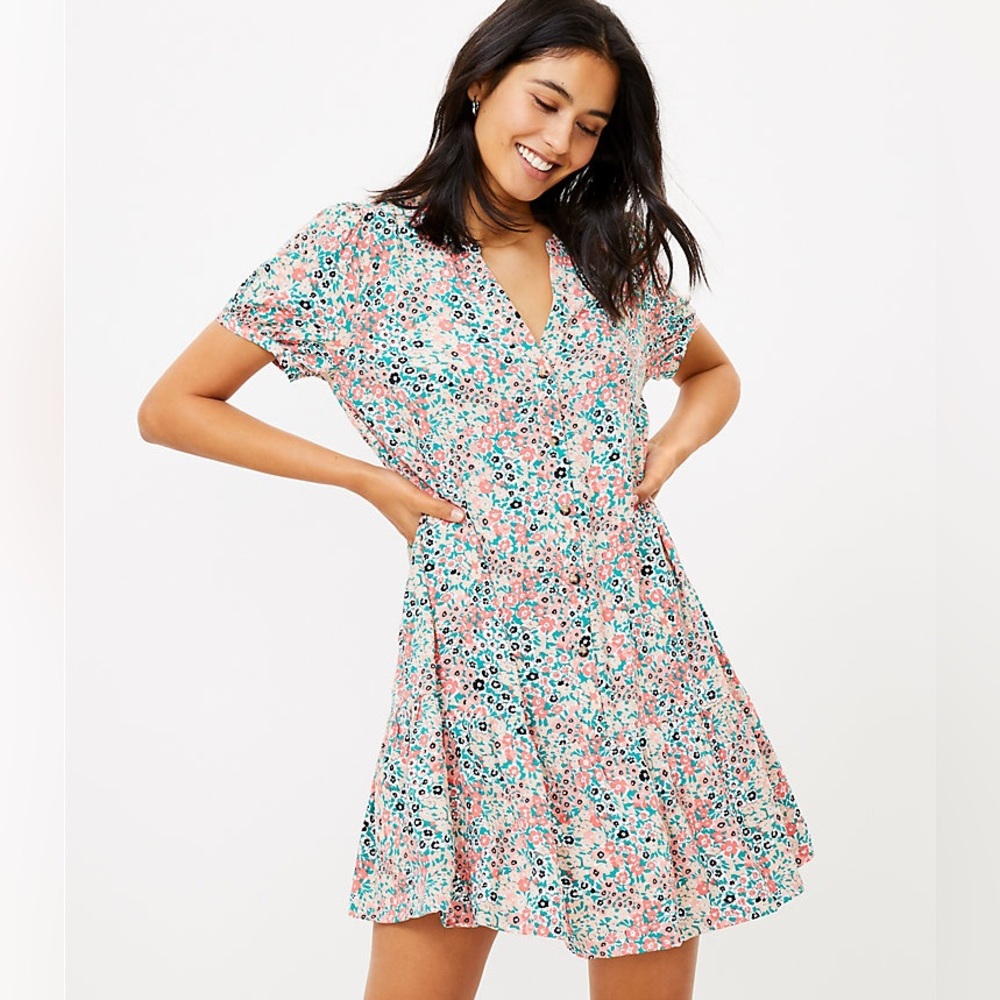 LOFT Floral Flounce Shirtdress - Small Petite